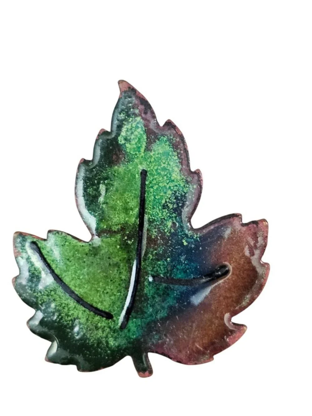 Vintage Enamel Copper Maple Leaf Brooch Pin Green Brown Handcrafted Art Jewelry